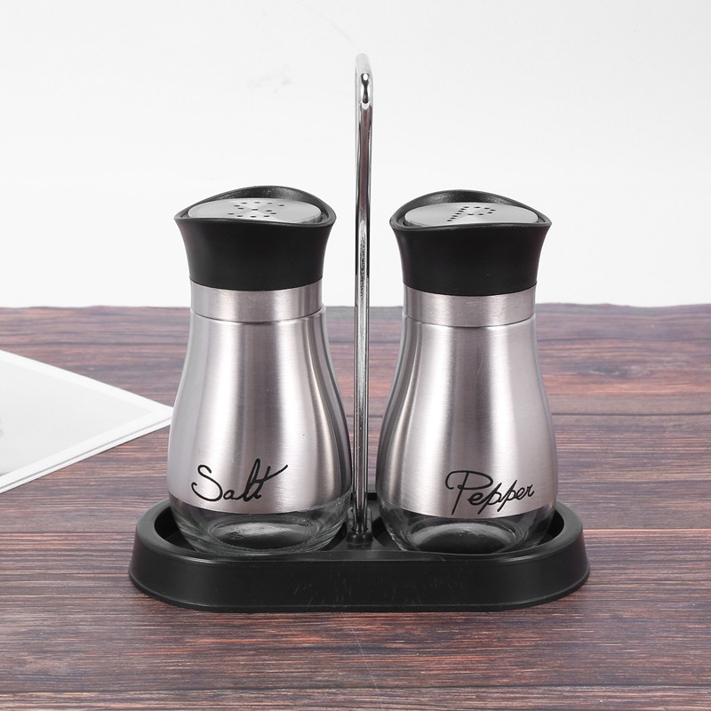 Set de scuturi de sare și piper - oțel inoxidabil de calitate superioară cu fund de sticlă și suport de 4 inchi - 4 inch x 6 inch x 2 inch, 4 oz.
