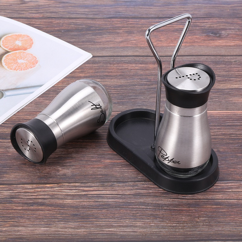 Set de scuturi de sare și piper - oțel inoxidabil de calitate superioară cu fund de sticlă și suport de 4 inchi - 4 inch x 6 inch x 2 inch, 4 oz.