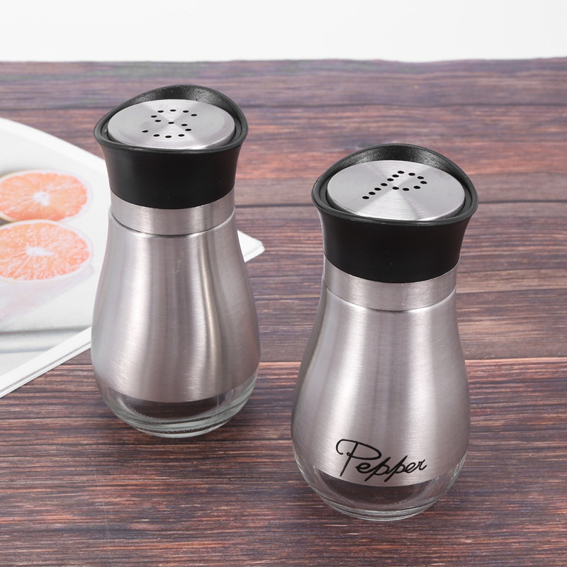 Set de scuturi de sare și piper - oțel inoxidabil de calitate superioară cu fund de sticlă și suport de 4 inchi - 4 inch x 6 inch x 2 inch, 4 oz.