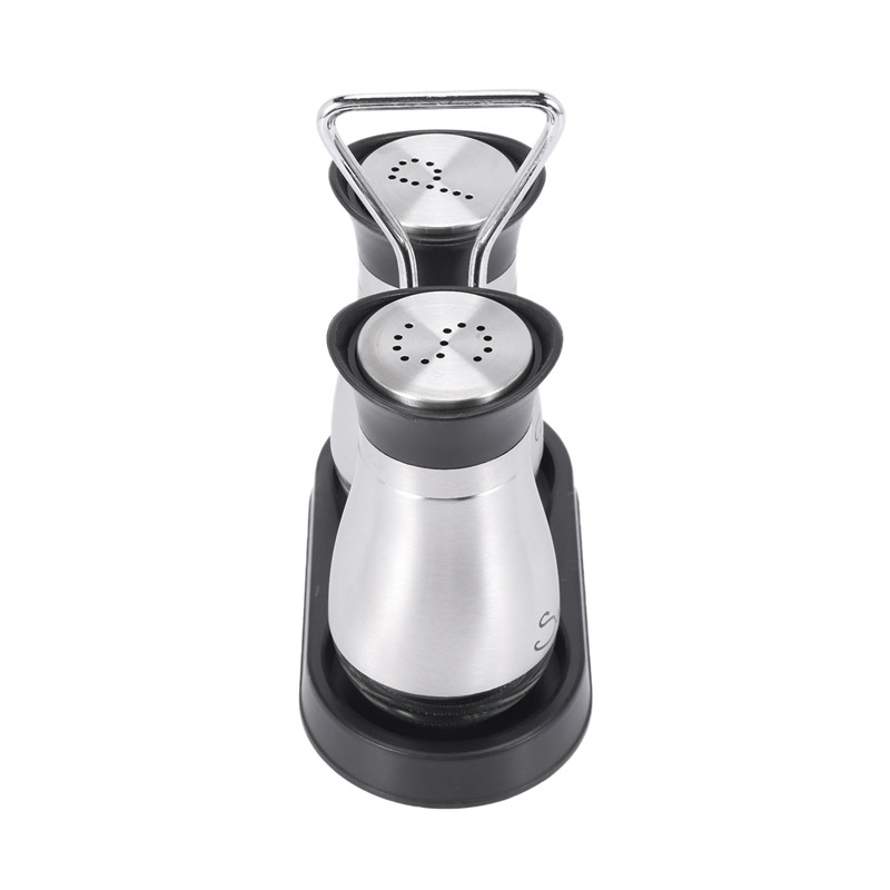 Set de scuturi de sare și piper - oțel inoxidabil de calitate superioară cu fund de sticlă și suport de 4 inchi - 4 inch x 6 inch x 2 inch, 4 oz.