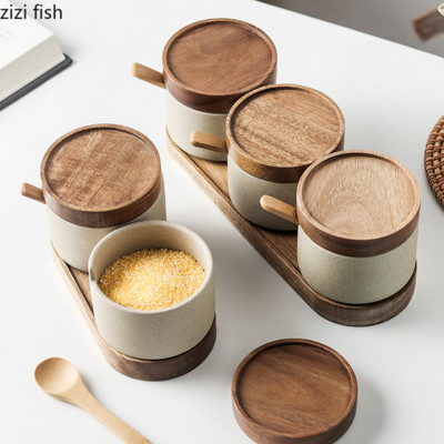 Európai Konyhai Fűszerpaprika Tároló Palack Kerámia Fűszeres tégely fa tetővel Só borsos tégely Konyhai eszközök Porcelán