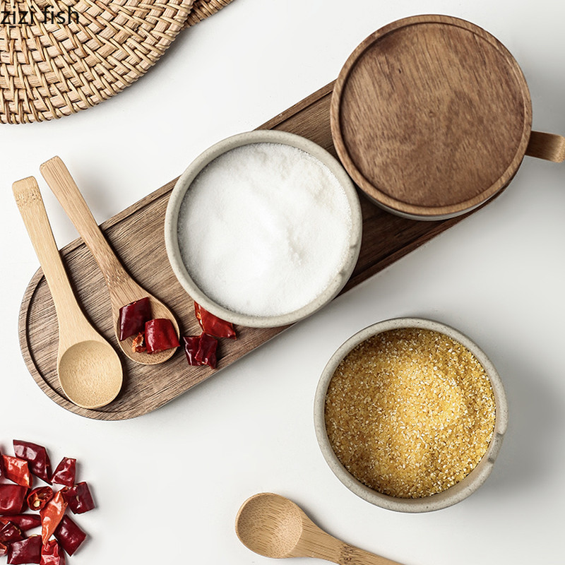 Sticlă de depozitare a piperului pentru condimente de bucătărie europeană Borcan rotund de condimente din ceramică cu capac din lemn Borcan sare piper unelte de bucătărie porțelan