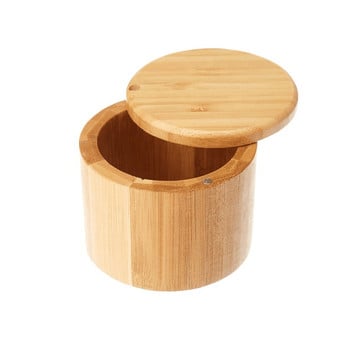 2бр. Дървени кутии за съхранение Бамбукова кутия за сол с магнитен въртящ се капак Контейнер за кухненски контейнери за съхранение Кутия за съхранение