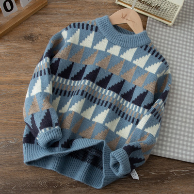 Pulover tricotat pentru copii cu decolteu rotund - culoare bej si albastru