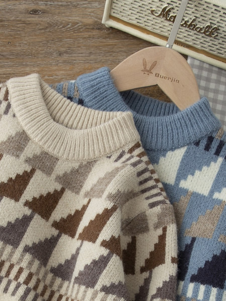 Pulover tricotat pentru copii cu decolteu rotund - culoare bej si albastru