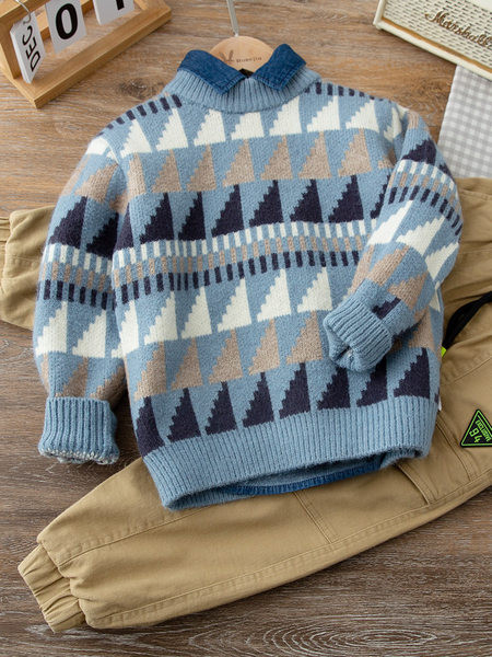 Pulover tricotat pentru copii cu decolteu rotund - culoare bej si albastru