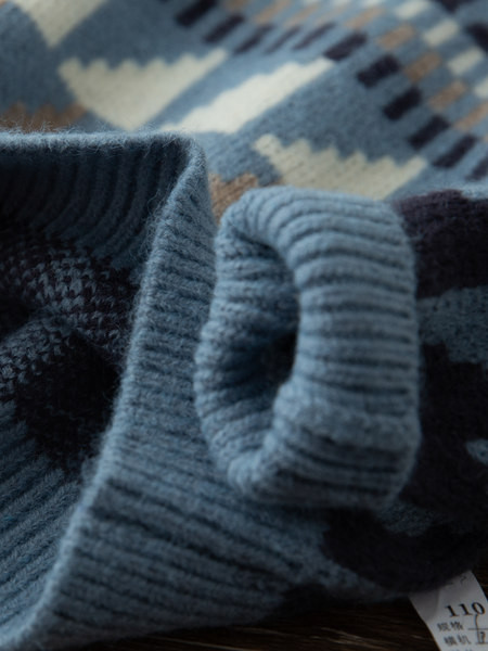 Pulover tricotat pentru copii cu decolteu rotund - culoare bej si albastru