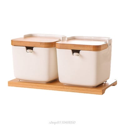 Keraminių cukraus dubenėlių rinkinys cukrui patiekti prieskonių druską su šaukštais ir bambuko dangteliais kvadratiniais porcelianiniais pagardų stiklainiukais „Dropship“