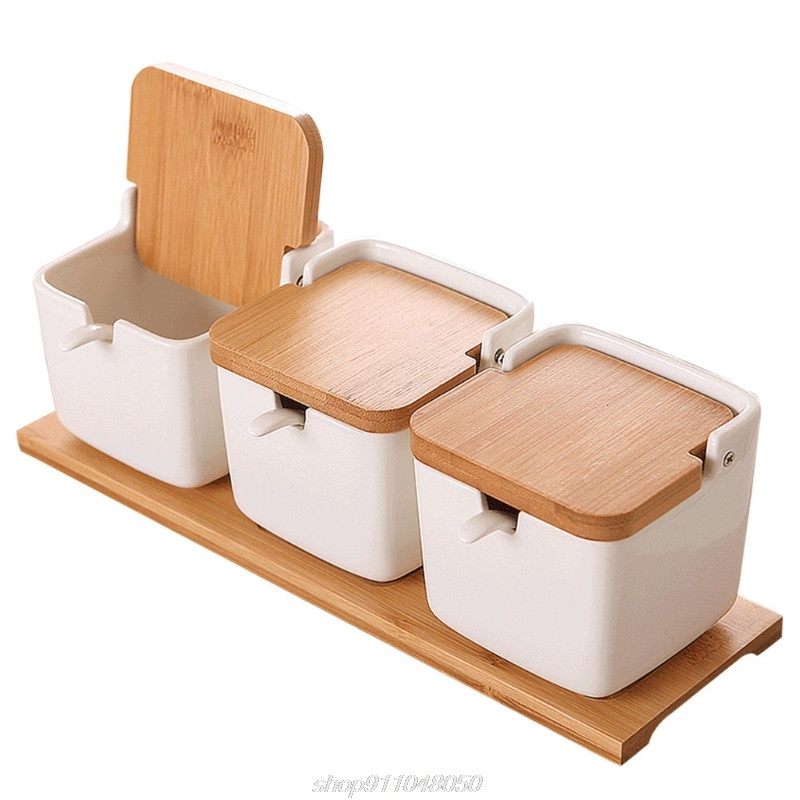 Keraminių cukraus dubenėlių rinkinys cukrui patiekti prieskonių druską su šaukštais ir bambuko dangteliais kvadratiniais porcelianiniais pagardų stiklainiukais „Dropship“