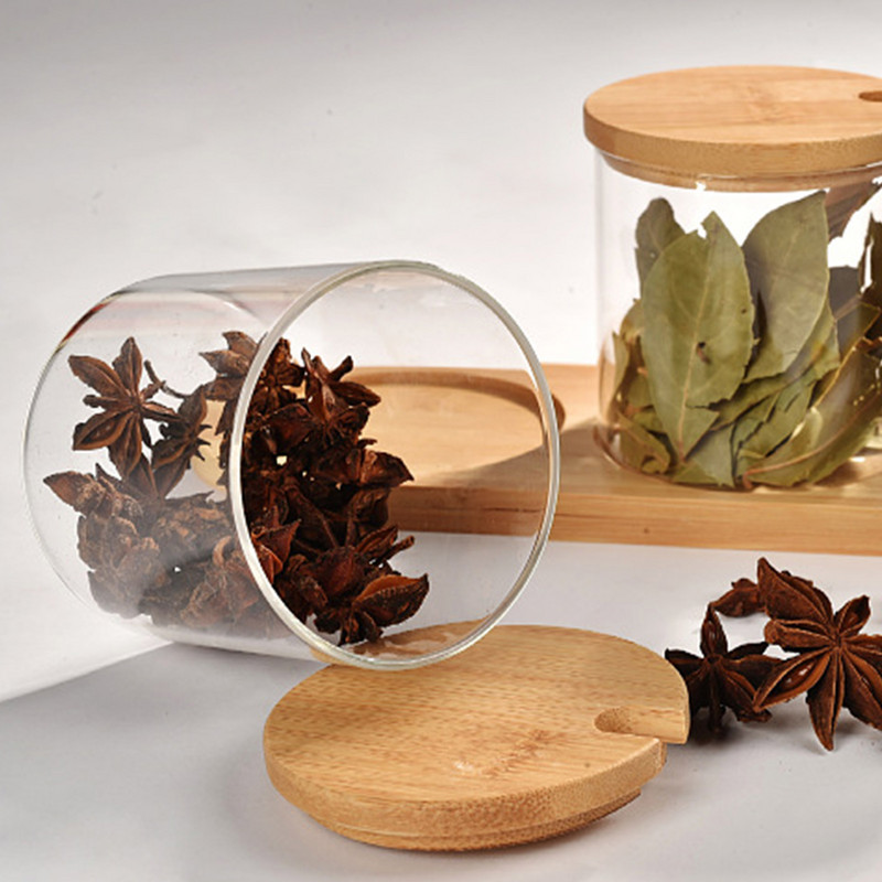 Üveg Tároló Üveg Só Cukorka Sütemény Babkávé Szervező Palack Fa Fedő Tartály Fűszerek Élelmiszer Gabonaüveg Konyhai Tároló RE