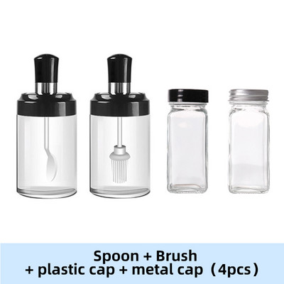 Condimente de sticlă Kit de condimente de bucătărie Sticle Sare și piper Linguri Borcane Perie pentru ulei Recipient pentru miere Set alimente Depozitare Capac transparent