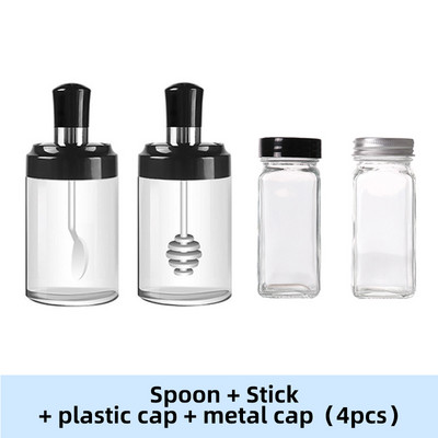 Condimente de sticlă Kit de condimente de bucătărie Sticle Sare și piper Linguri Borcane Perie pentru ulei Recipient pentru miere Set alimente Depozitare Capac transparent