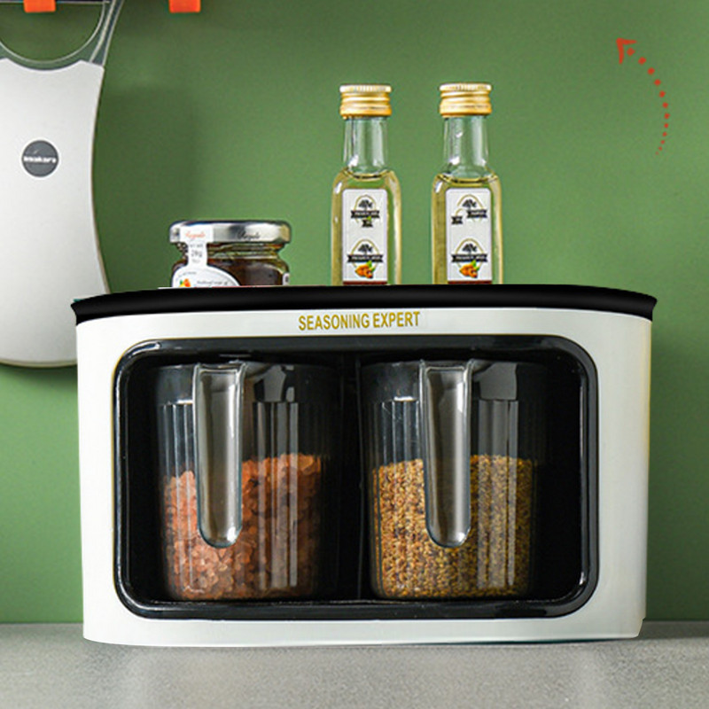 2/3 grile Borcane de condimente pentru montaj pe perete, cutii, organizator, bol de zahăr, sare, recipient pentru condimente, cu cârlig, set de aprovizionare pentru bucătărie