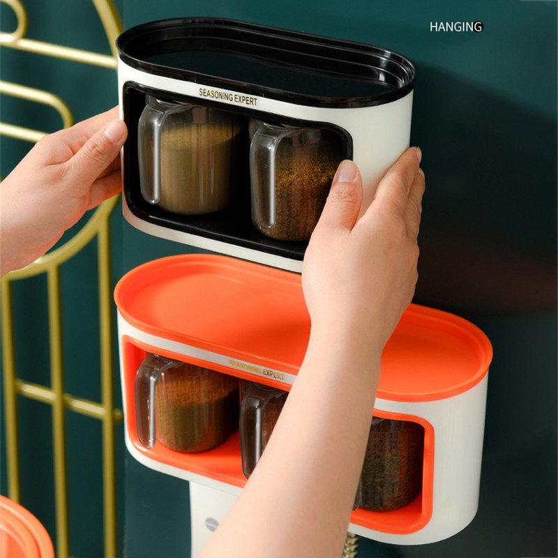 2/3 grile Borcane de condimente pentru montaj pe perete, cutii, organizator, bol de zahăr, sare, recipient pentru condimente, cu cârlig, set de aprovizionare pentru bucătărie