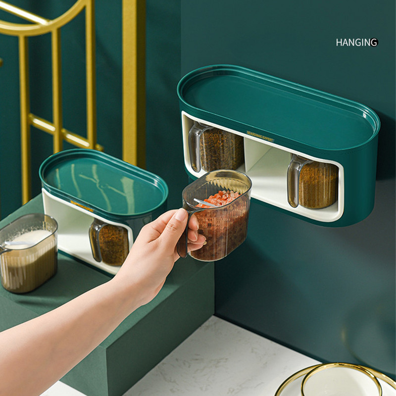 2/3 grile Borcane de condimente pentru montaj pe perete, cutii, organizator, bol de zahăr, sare, recipient pentru condimente, cu cârlig, set de aprovizionare pentru bucătărie