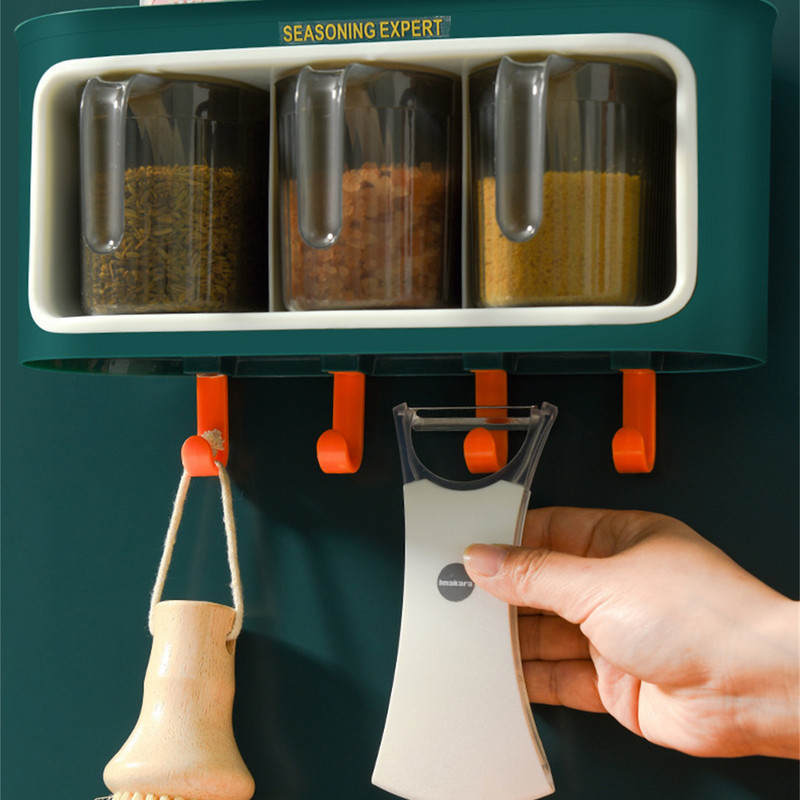 2/3 grile Borcane de condimente pentru montaj pe perete, cutii, organizator, bol de zahăr, sare, recipient pentru condimente, cu cârlig, set de aprovizionare pentru bucătărie