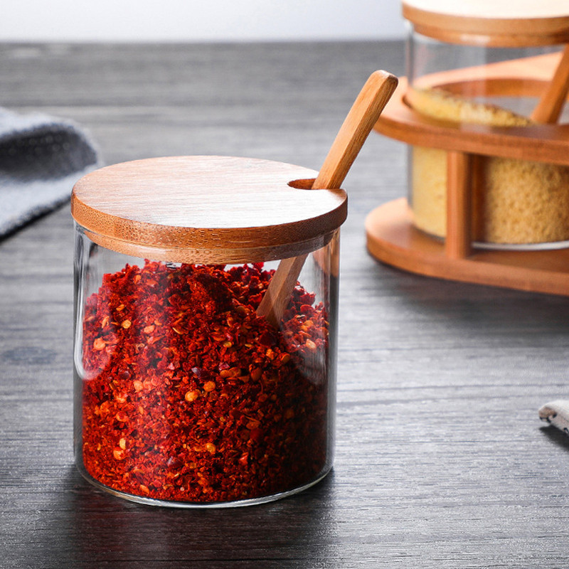 Sticle de condimente din sticlă de bucătărie noi cu capac de lingură din lemn de bambus, sticlă, sare, zahăr, miere, borcan de depozitare, recipiente rotunde pentru condimente, 1 set