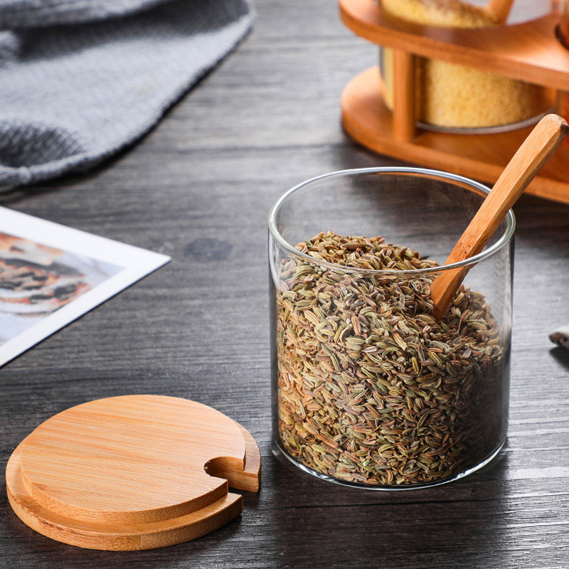 Sticle de condimente din sticlă de bucătărie noi cu capac de lingură din lemn de bambus, sticlă, sare, zahăr, miere, borcan de depozitare, recipiente rotunde pentru condimente, 1 set