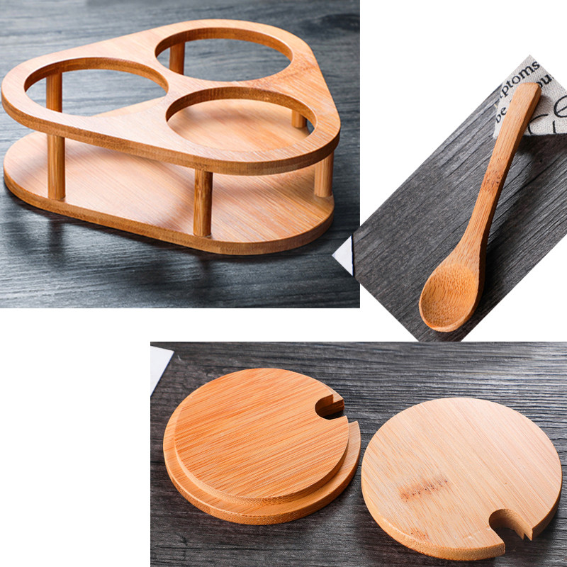 Sticle de condimente din sticlă de bucătărie noi cu capac de lingură din lemn de bambus, sticlă, sare, zahăr, miere, borcan de depozitare, recipiente rotunde pentru condimente, 1 set