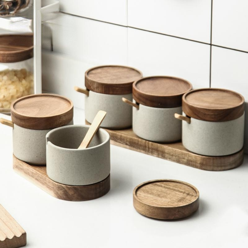 Borcan de condiment din ceramică de bucătărie cu capac din lemn și lingură sare piper sticle de depozitare organizare recipient pentru mâncare accesorii de bucătărie