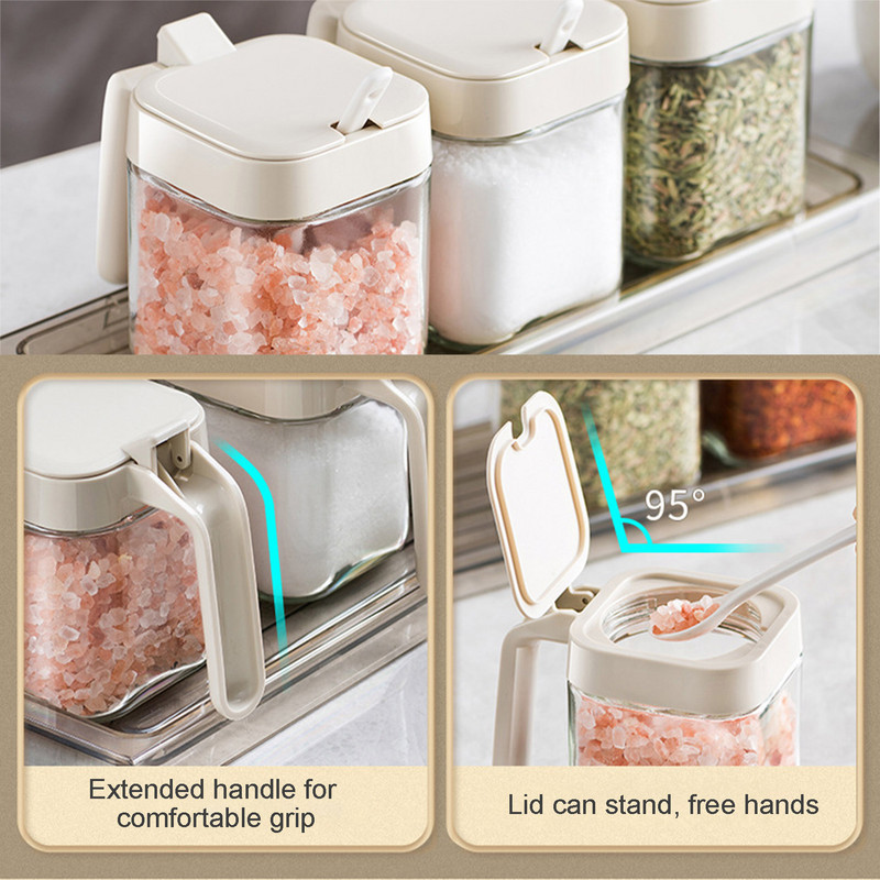 Virtuviniai prieskonių stiklainiai Skaidrus stiklinis prieskonių indelis su šaukštu prieskonių dėžutė su dangteliu, skirta patiekti prieskonių druska, cukrus, pipirai, žolelės