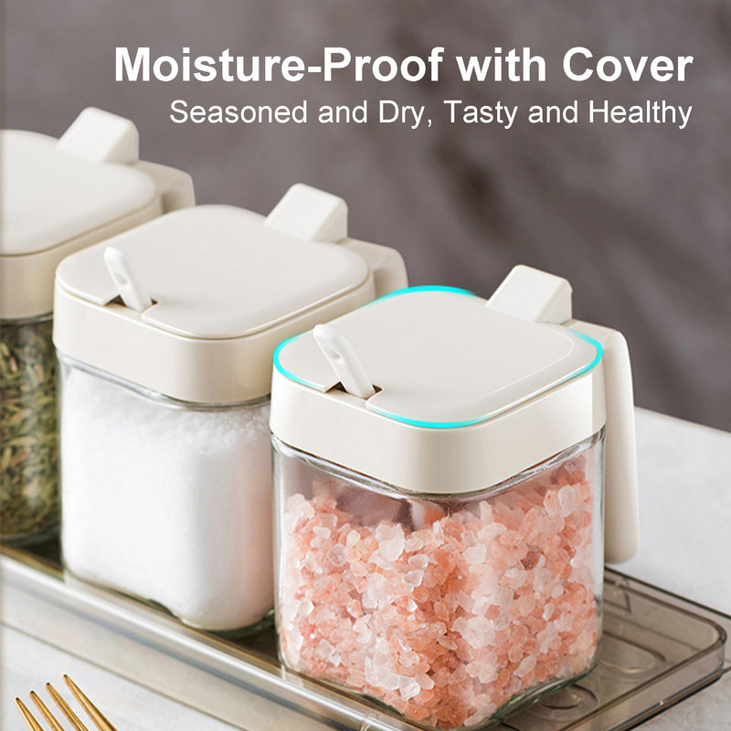 Virtuviniai prieskonių stiklainiai Skaidrus stiklinis prieskonių indelis su šaukštu prieskonių dėžutė su dangteliu, skirta patiekti prieskonių druska, cukrus, pipirai, žolelės