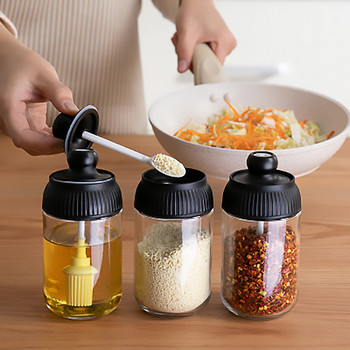 Стъклени буркани за подправки Буркани за съхранение на сол и черен пипер Буркани с четка за масло Буркани с мед Буркани за съхранение на подправки Креативни кухненски принадлежности