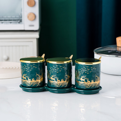 Borcan de condimente de bucătărie din trei piese cu tavă Sticlă de condimente din ceramică Borcane de depozitare pentru sare și piper Instrumente creative pentru condimente pentru acasă