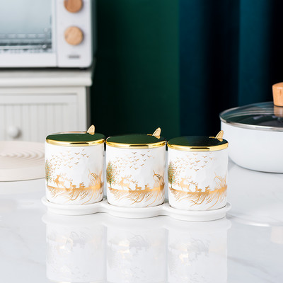 Borcan de condimente de bucătărie din trei piese cu tavă Sticlă de condimente din ceramică Borcane de depozitare pentru sare și piper Instrumente creative pentru condimente pentru acasă