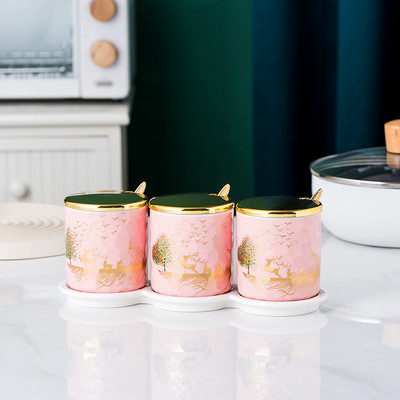 Borcan de condimente de bucătărie din trei piese cu tavă Sticlă de condimente din ceramică Borcane de depozitare pentru sare și piper Instrumente creative pentru condimente pentru acasă