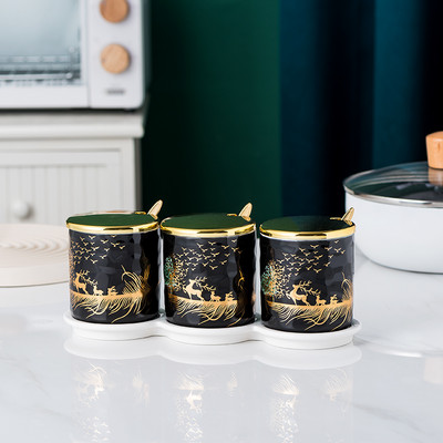 Borcan de condimente de bucătărie din trei piese cu tavă Sticlă de condimente din ceramică Borcane de depozitare pentru sare și piper Instrumente creative pentru condimente pentru acasă