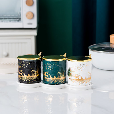 Borcan de condimente de bucătărie din trei piese cu tavă Sticlă de condimente din ceramică Borcane de depozitare pentru sare și piper Instrumente creative pentru condimente pentru acasă