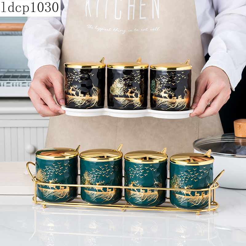 Borcan de condimente de bucătărie din trei piese cu tavă Sticlă de condimente din ceramică Borcane de depozitare pentru sare și piper Instrumente creative pentru condimente pentru acasă