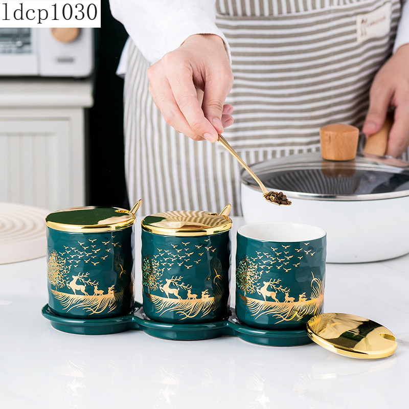 Borcan de condimente de bucătărie din trei piese cu tavă Sticlă de condimente din ceramică Borcane de depozitare pentru sare și piper Instrumente creative pentru condimente pentru acasă