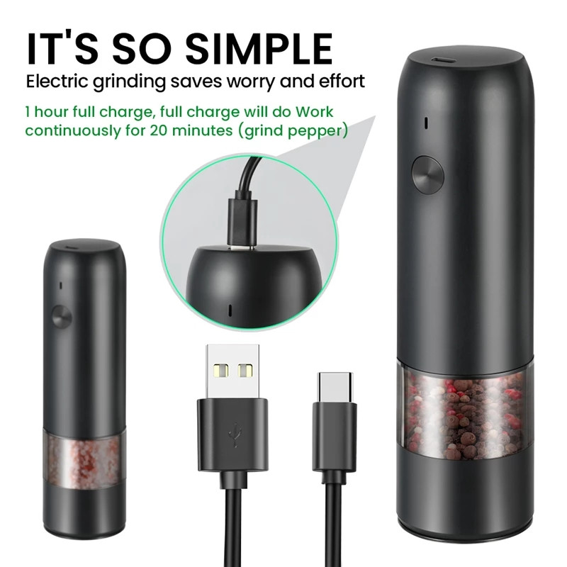 Rasnita electrica de piper si sare, reincarcabila prin USB, din otel inoxidabil, rasnita automata de condimente cu gravitate, cu lumina LED reglabila