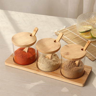 Rezervoare de condimente din sticlă Borcane pentru condimente Tavă din lemn Set 3 bucăți Set sare pentru acasă Sticla condiment Ustensile de bucătărie Recipiente pentru condimente