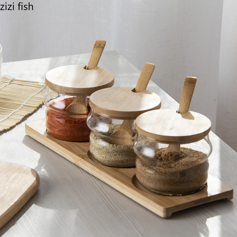 Rezervoare de condimente din sticlă Borcane pentru condimente Tavă din lemn Set 3 bucăți Set sare pentru acasă Sticla condiment Ustensile de bucătărie Recipiente pentru condimente