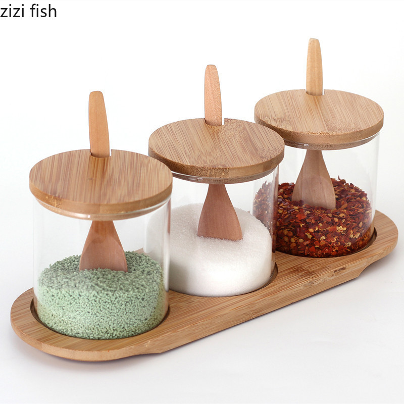 Rezervoare de condimente din sticlă Borcane pentru condimente Tavă din lemn Set 3 bucăți Set sare pentru acasă Sticla condiment Ustensile de bucătărie Recipiente pentru condimente