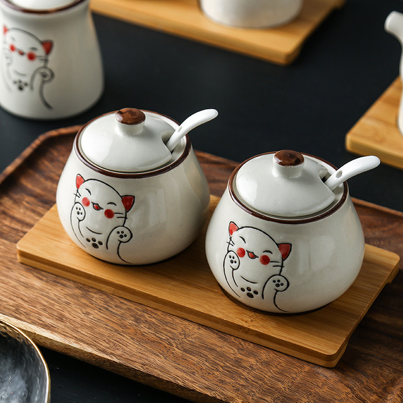japonez retro pictat manual ceramică chili ulei borcan sare cutie de condimente oțet sos de soia sticla borcan de condimente combinație de sezon