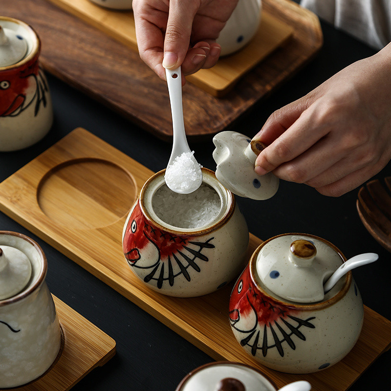 japonez retro pictat manual ceramică chili ulei borcan sare cutie de condimente oțet sos de soia sticla borcan de condimente combinație de sezon