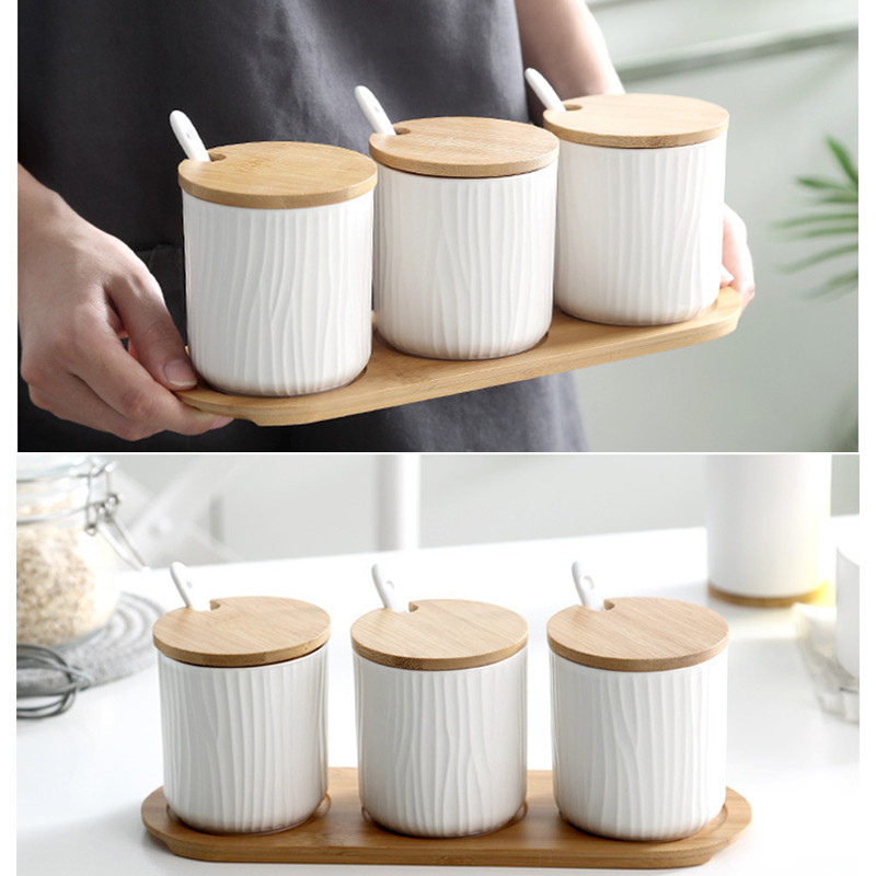 Staklenka za začine s poklopcem od bambusa Mat okrugle keramičke staklenke za začine Višenamjenske kuhinjske soli Šećer MSG Limenke za pohranu Kuhinjski pribor