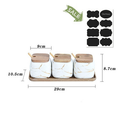 Set borcane din ceramică pentru condimente, sticle de depozitare din marmură de bucătărie, capac din lemn, sare pentru zahăr, set de borcane pentru condimente, accesorii pentru bucătărie