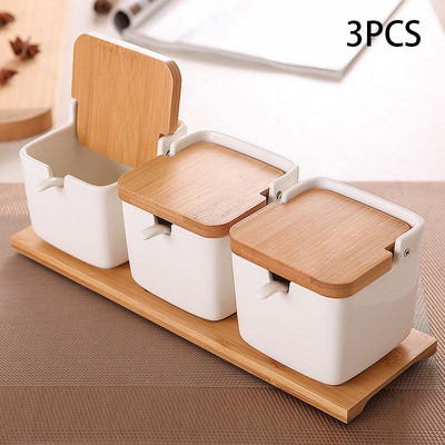 Keraamiline soolaanum Köök maitseainepotid piprapurgid kaanega lusikas portselankarp bambus kate maitseaineriist