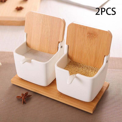 Keraamiline soolaanum Köök maitseainepotid piprapurgid kaanega lusikas portselankarp bambus kate maitseaineriist