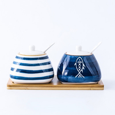 Sticlă ceramică de condimente de 300 ml Set de oale pentru condimente din porțelan japonez, zahăr, piper, casă, borcane pentru condimente de bucătărie cu lingură