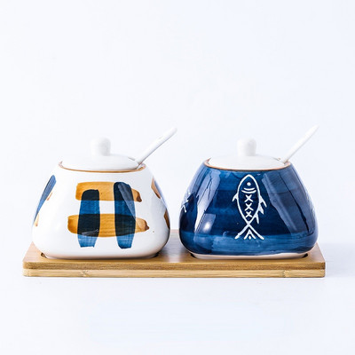 Sticlă ceramică de condimente de 300 ml Set de oale pentru condimente din porțelan japonez, zahăr, piper, casă, borcane pentru condimente de bucătărie cu lingură
