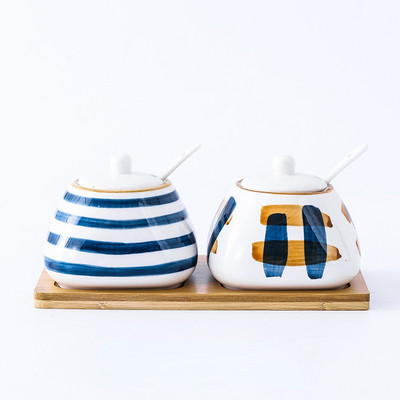 Sticlă ceramică de condimente de 300 ml Set de oale pentru condimente din porțelan japonez, zahăr, piper, casă, borcane pentru condimente de bucătărie cu lingură