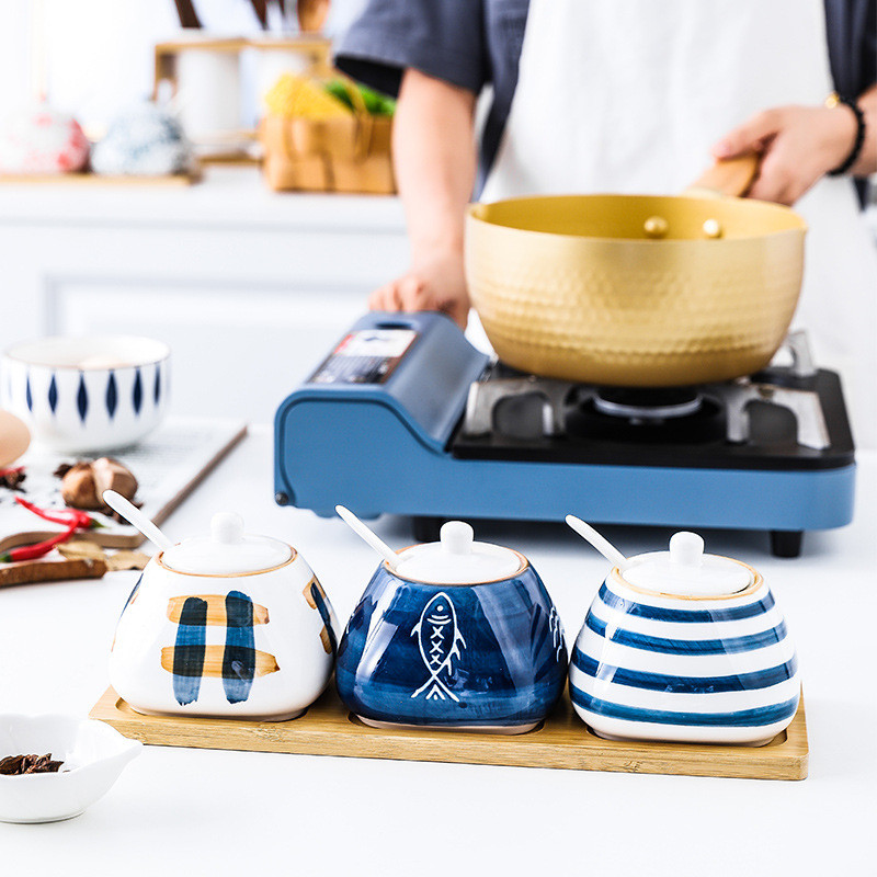 Sticlă ceramică de condimente de 300 ml Set de oale pentru condimente din porțelan japonez, zahăr, piper, casă, borcane pentru condimente de bucătărie cu lingură