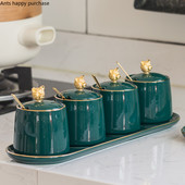 Nordic Green kerámia fűszeres edénykészlet Konyhai kellékek Otthoni fűszeres üvegek Kanál fedéllel Medve Sószóró Fűszertartály