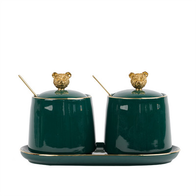 Nordic Green kerámia fűszeres edénykészlet Konyhai kellékek Otthoni fűszeres üvegek Kanál fedéllel Medve Sószóró Fűszertartály